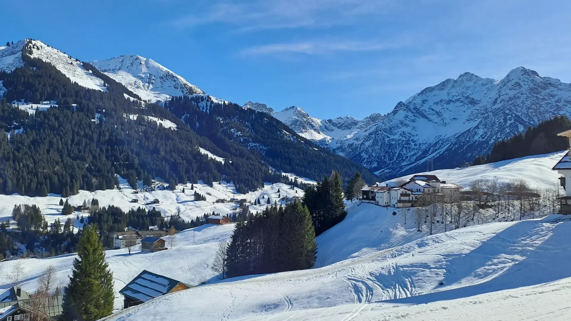 Schneebedeckte Berge umgeben ein Tal mit Häusergruppen und immergrünen Bäumen.