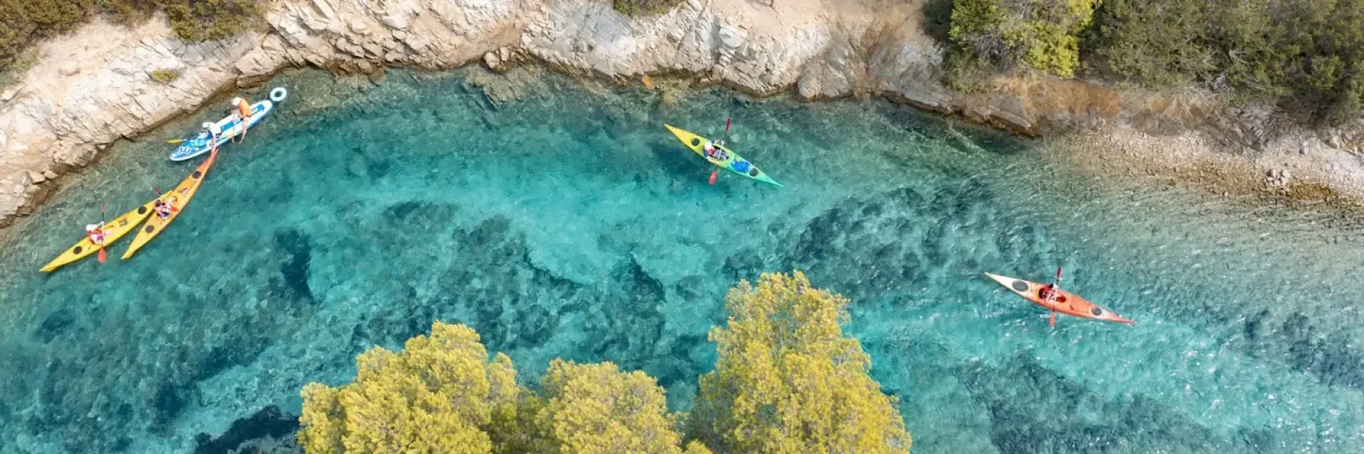 Luftaufnahme von Kajakfahrern und Paddlern auf klarem, türkisfarbenem Wasser entlang einer felsigen, von Bäumen gesäumten Uferlinie.